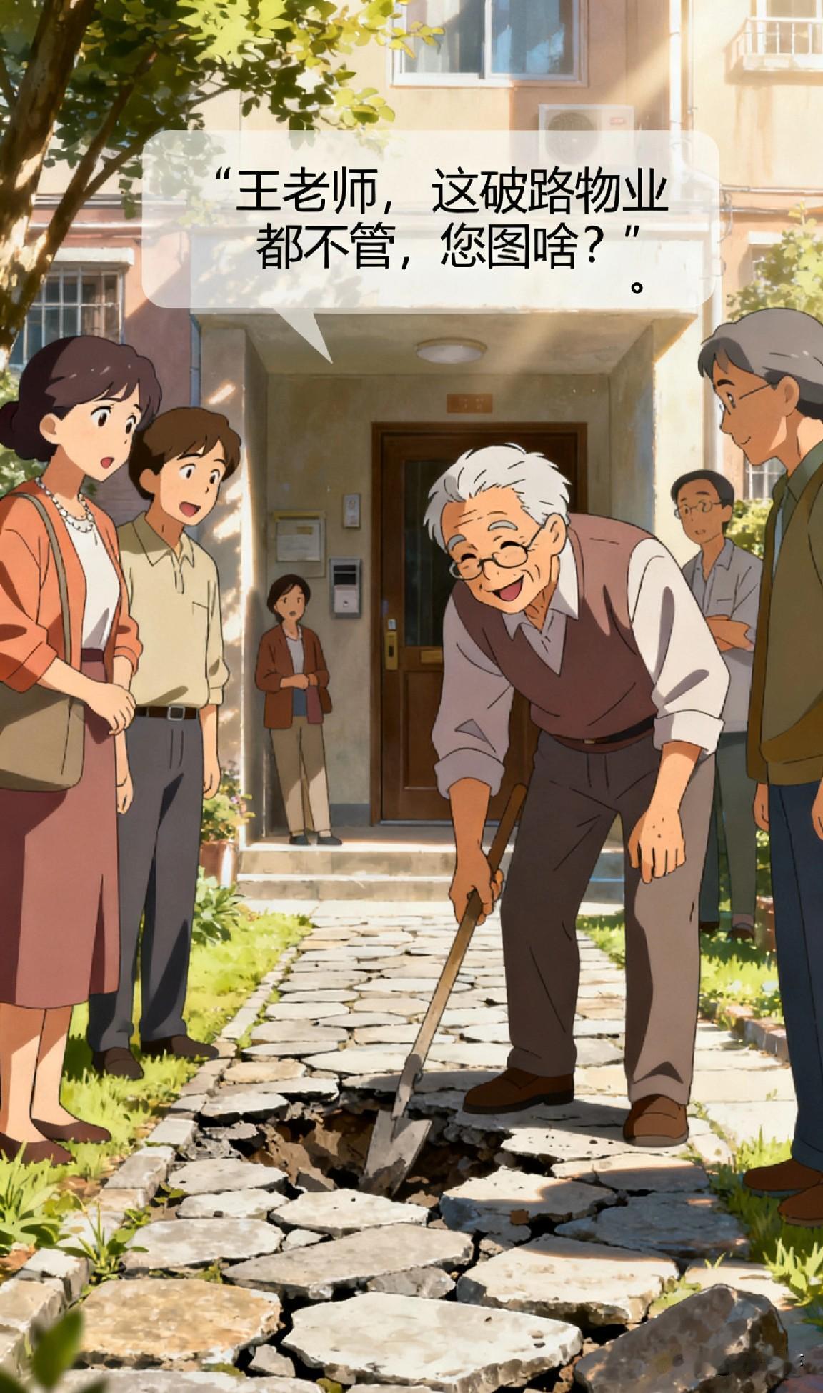 小区里住着一位退休老教师，三十年来，他每日都重复着同一件事——修补单元门口坑洼不