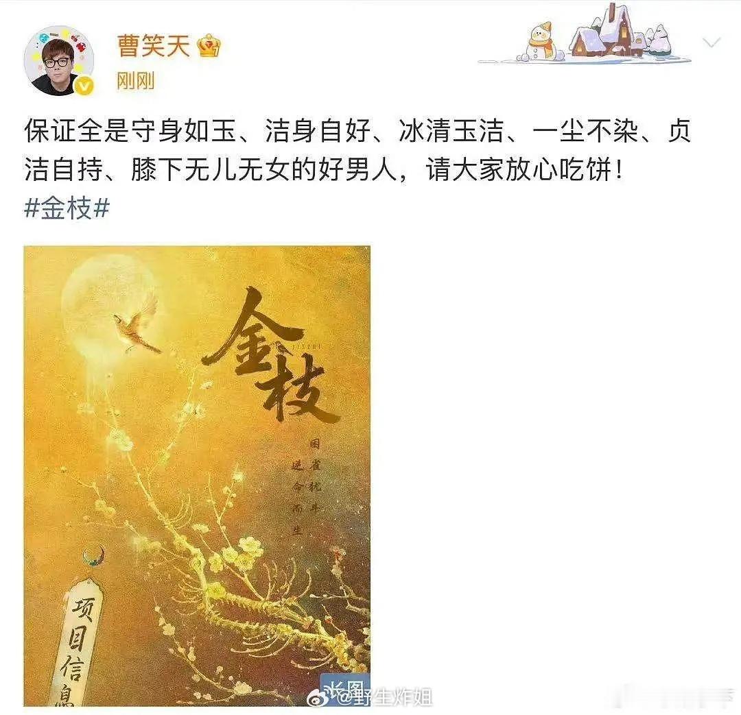 金枝编剧在干什么金枝编剧请大家放心吃饼金枝编剧曹笑天代表作《雁回时》，发文表示新