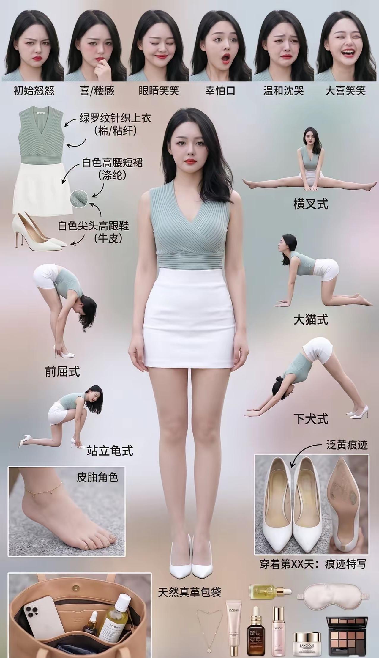 微胖女孩的：深度拆解[比心]
一、形象细节拆解
1. 表情：图中展示了6种情绪状