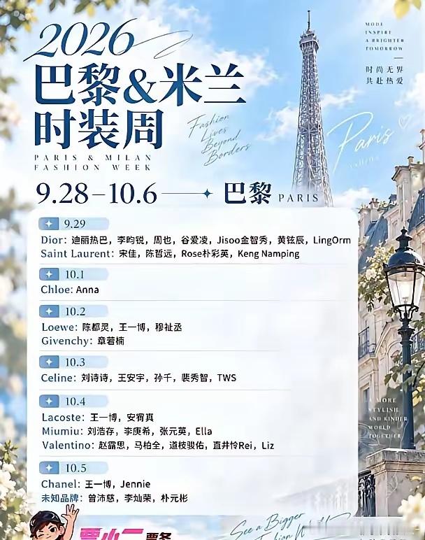 时尚圈大洗牌！米兰巴黎时装周艺人行程表✨🔥2026 米兰巴黎时装周阵容｜9 月