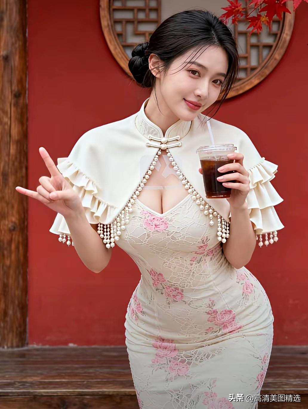 旗袍少女，复古风情，手捧奶茶，优雅迷人