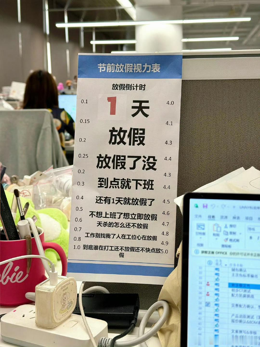 打工人有自己的视力表打工人这视力表可太有特色啦！上面不是字母，全是加班时长、工资