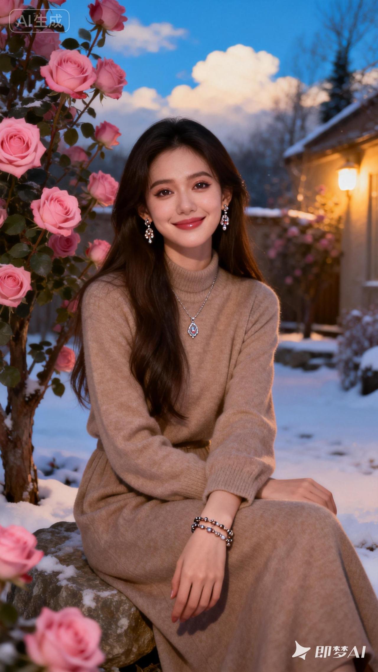 冬日暖阳下，粉玫瑰与雪景相映成趣，温柔少女静坐其旁，尽显冬日浪漫。