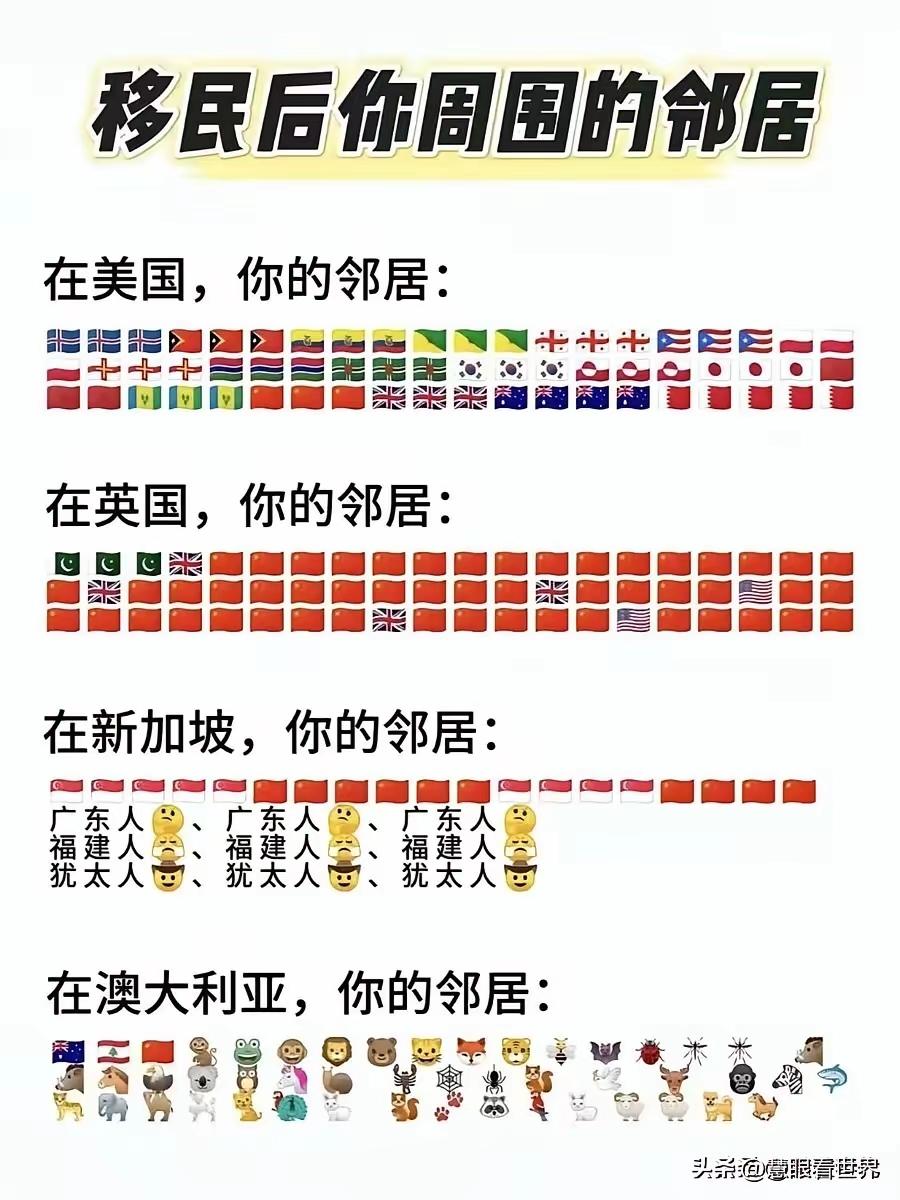 移民后，你的邻居都是谁？
以前，有人统计过：
去了美国，你的邻居世界各地都有
去