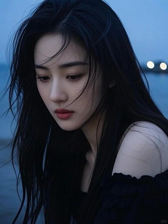 冬日生活打卡季 海边落日下的忧郁少女，黑发随风飘动，沉思的瞬间。