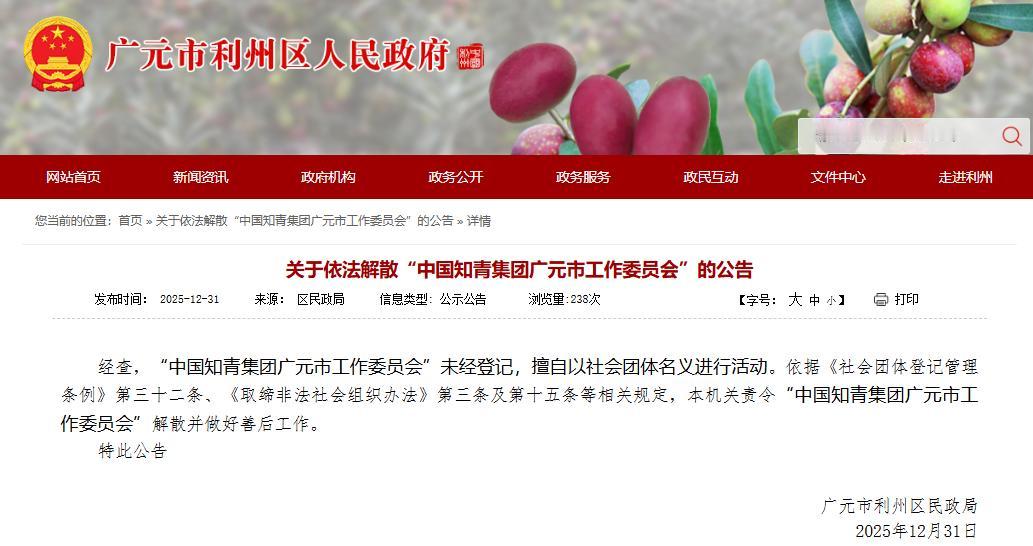 广元城市服务台关于依法解散“中国知青集团广元市工作委员会”的公告