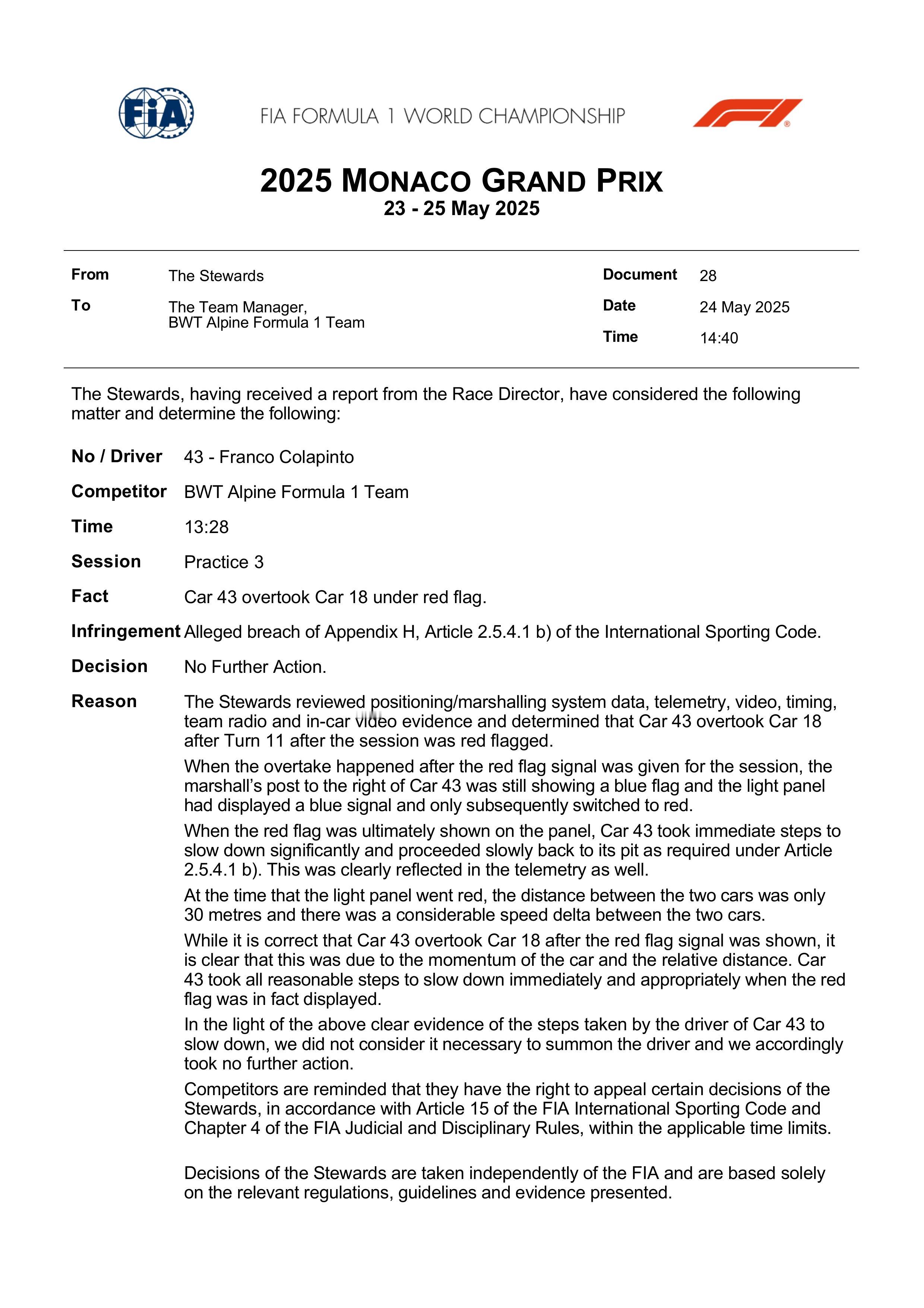 F1 科拉平托在三练中涉嫌红旗下超车，赛事仲裁调查后的结果是没有进一步处罚。官方