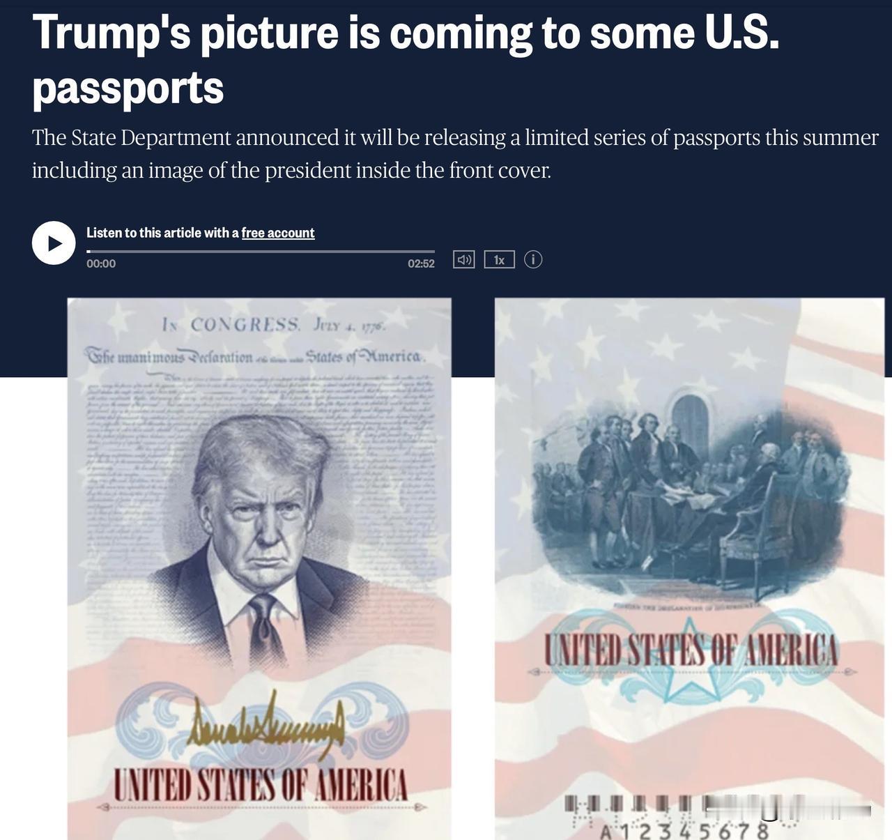 特朗普照片登上美国护照。

🔹美国
美国国务院28日称，为纪念美国建国250周