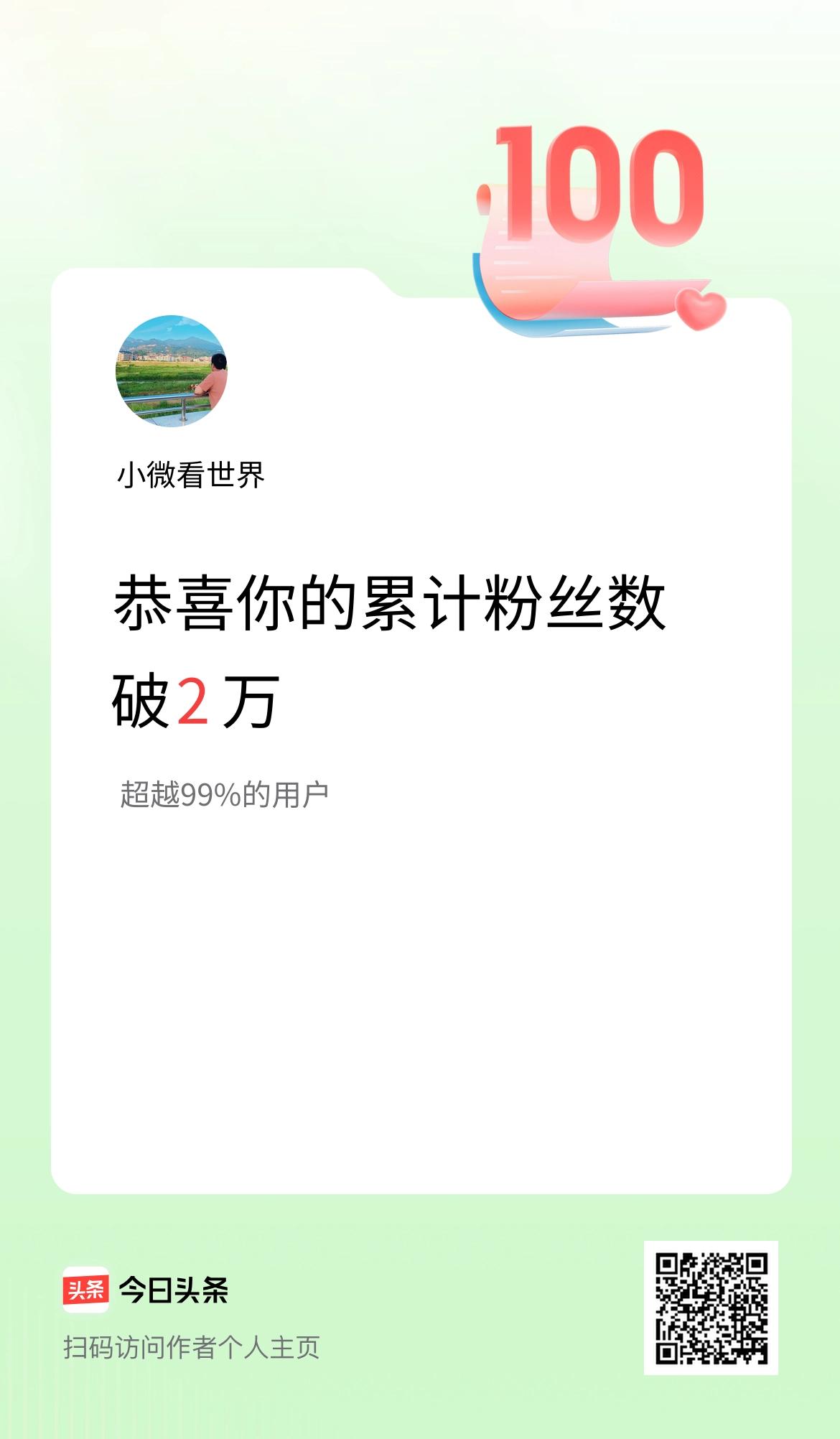我在头条累计粉丝数破2万啦！