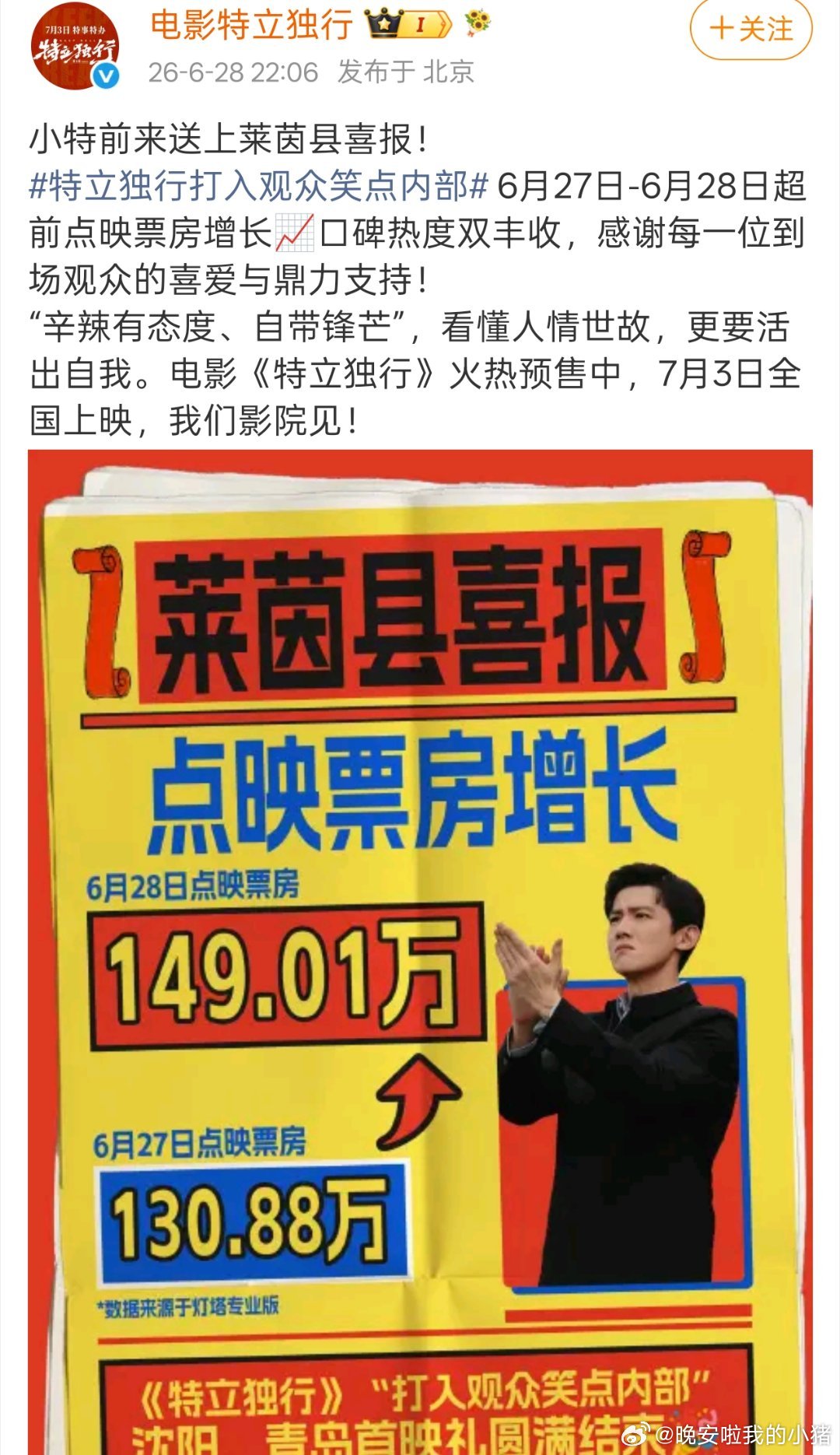 白敬亭电影特立独行战报 