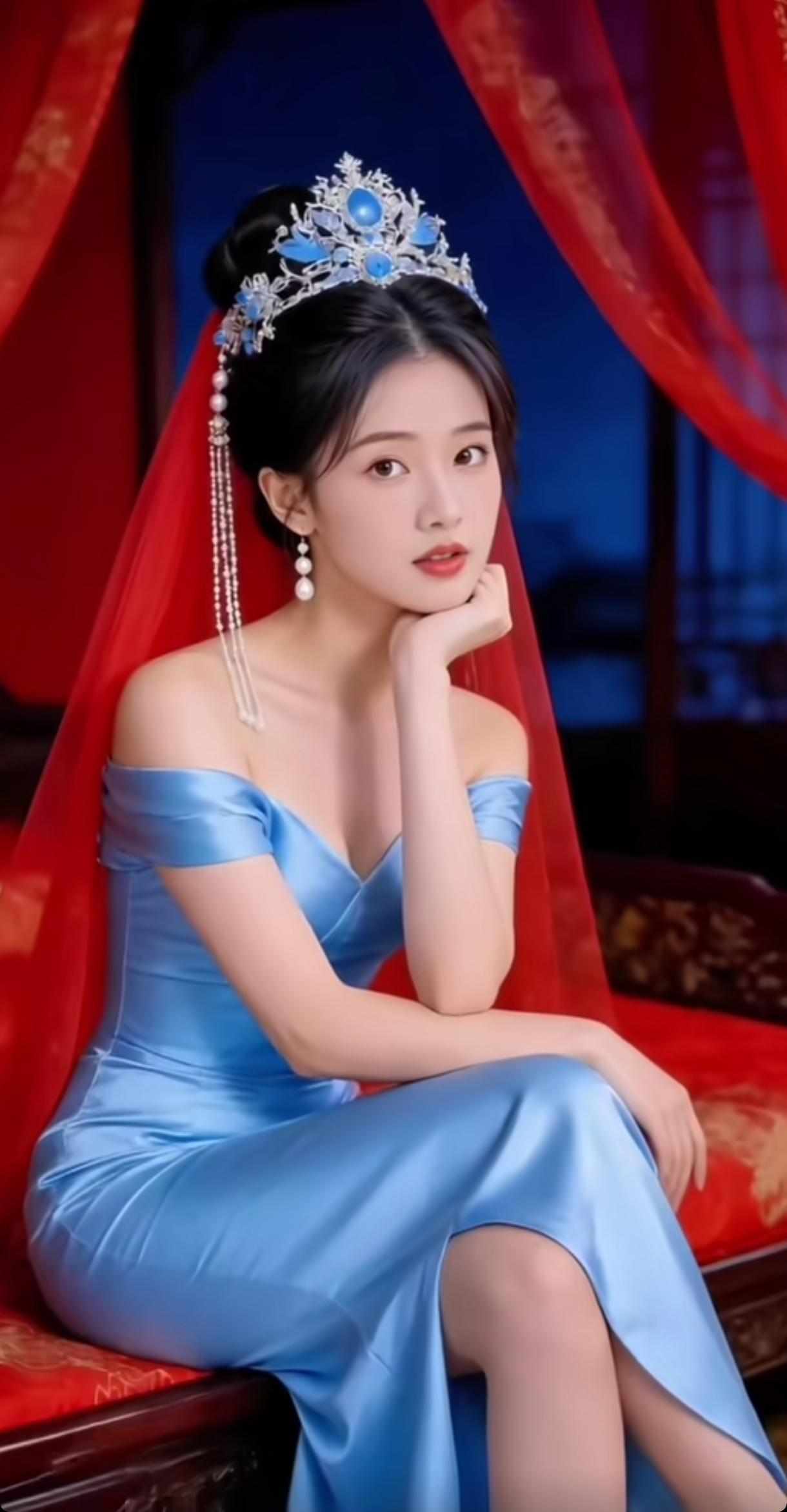 “古风美人，红纱轻掩，蓝裙飘逸，宫廷风韵”🌸👗👑分享一下你随手拍下的照片 