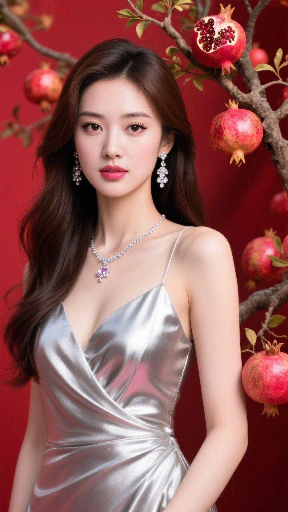 《红榴旁的银缎光》
 
朱红背景里，石榴挂在枝间，像凝了暖光的红焰。她立在这盛色