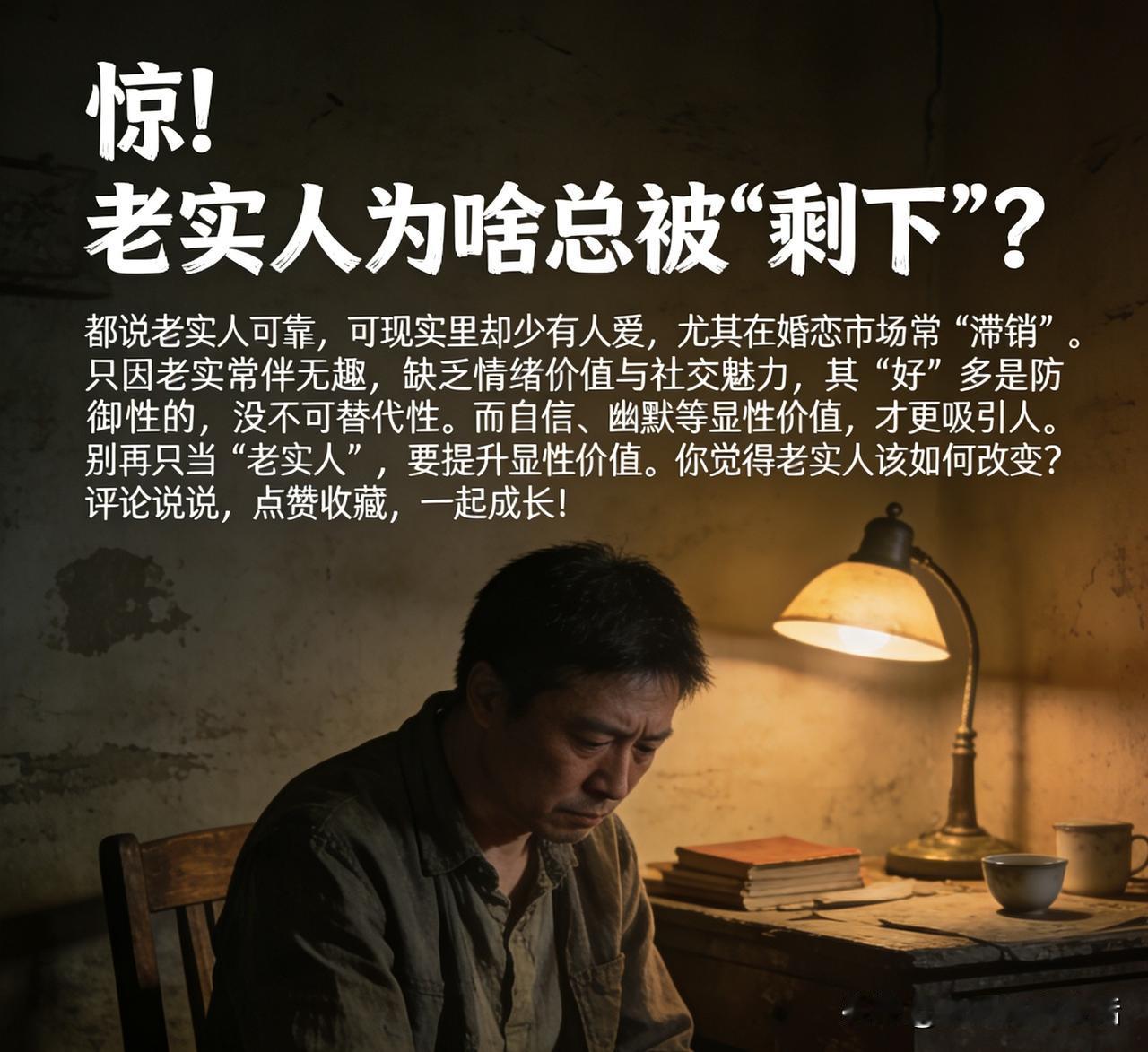 惊！老实人为何总被“剩下”？
都说老实人靠谱，然而现实中却少人青睐，在婚恋市场更
