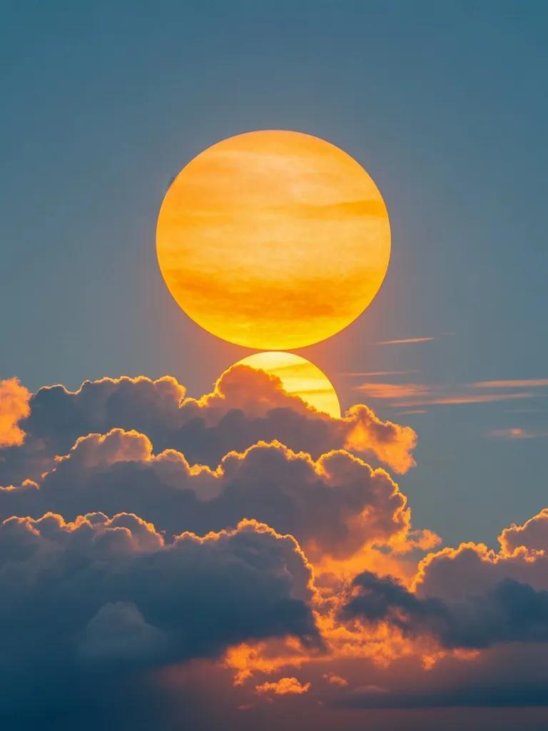 天边那一轮夕阳，像是一个巨大的橙色圆盘，悬挂在天空中。它的周围散发着淡淡的光晕，