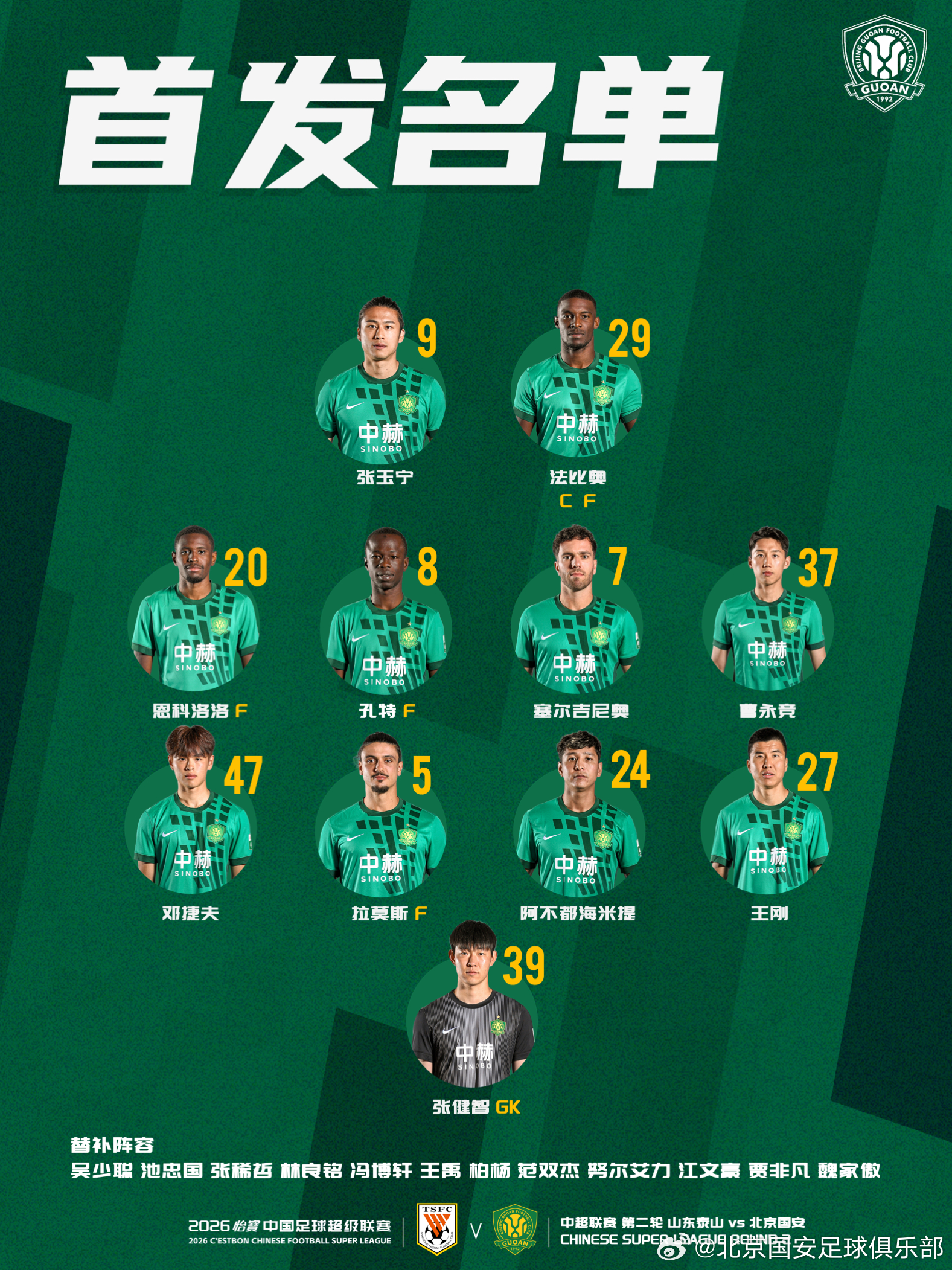 💚 北京国安今日首发💪 客场面对老对手🔰 一起战斗！中超联赛北京国安
