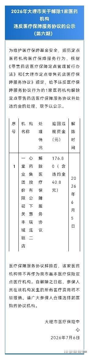一堂药业被解除医疗保障服务协议，违约金仅40.8元，这样的处罚力度实在让人难以评