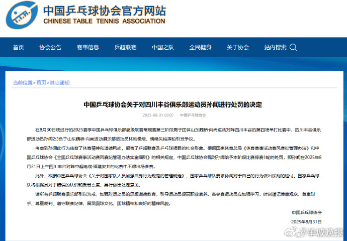 #中国乒协发布关于对孙闻处罚决定#【#孙闻输球情绪失控摔拍被停赛1轮#】8月31