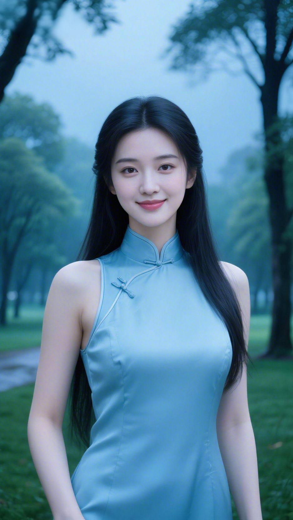 《烟林青裳浸清柔》
 
雨雾轻笼的林野间，她身着青蓝旗袍立着，似将晨间雾色揉作了