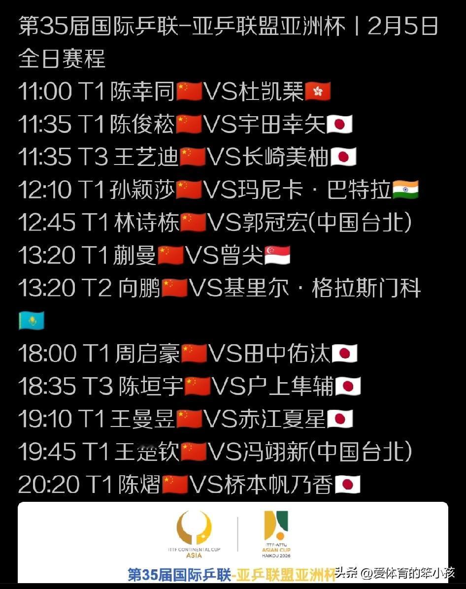 2月5日，乒乓球亚洲杯的赛场上将上演多场男女单打的首轮争夺，其中下午时段有7位国