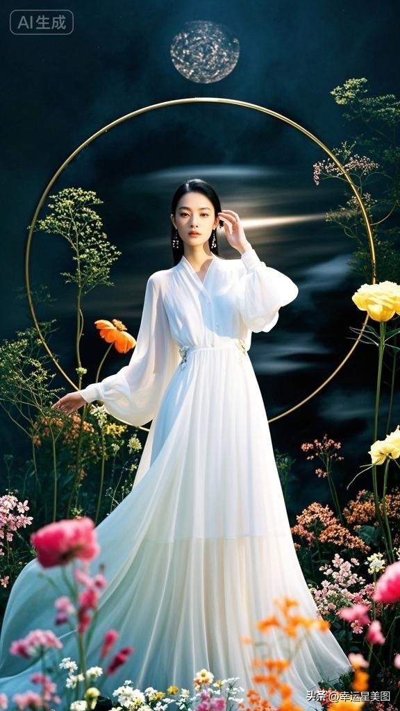 梦幻光影下，白裙少女静坐沉思