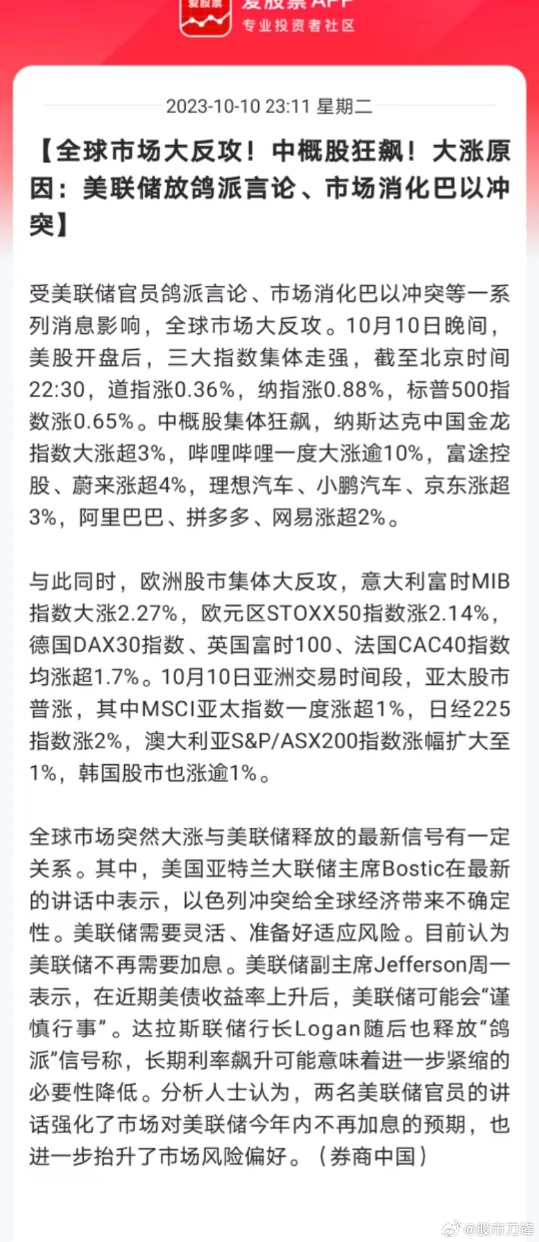 今晚欧美股市又嗨了，美股涨近1%，欧洲股市涨近2%，中概股暴涨近4%。A50也奋