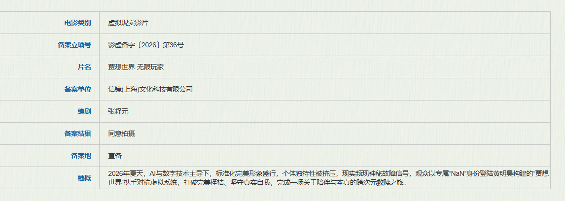 黄明昊IP衍生VR影片立项据国家电影局关于2026年6月上全国电影剧本（梗概）备