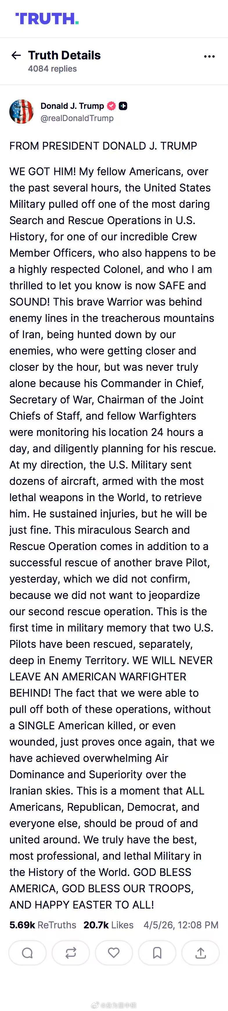 美国总统特朗普4月5日，发布长文证实美军成功营救回F-15e武器系统操作员：我们