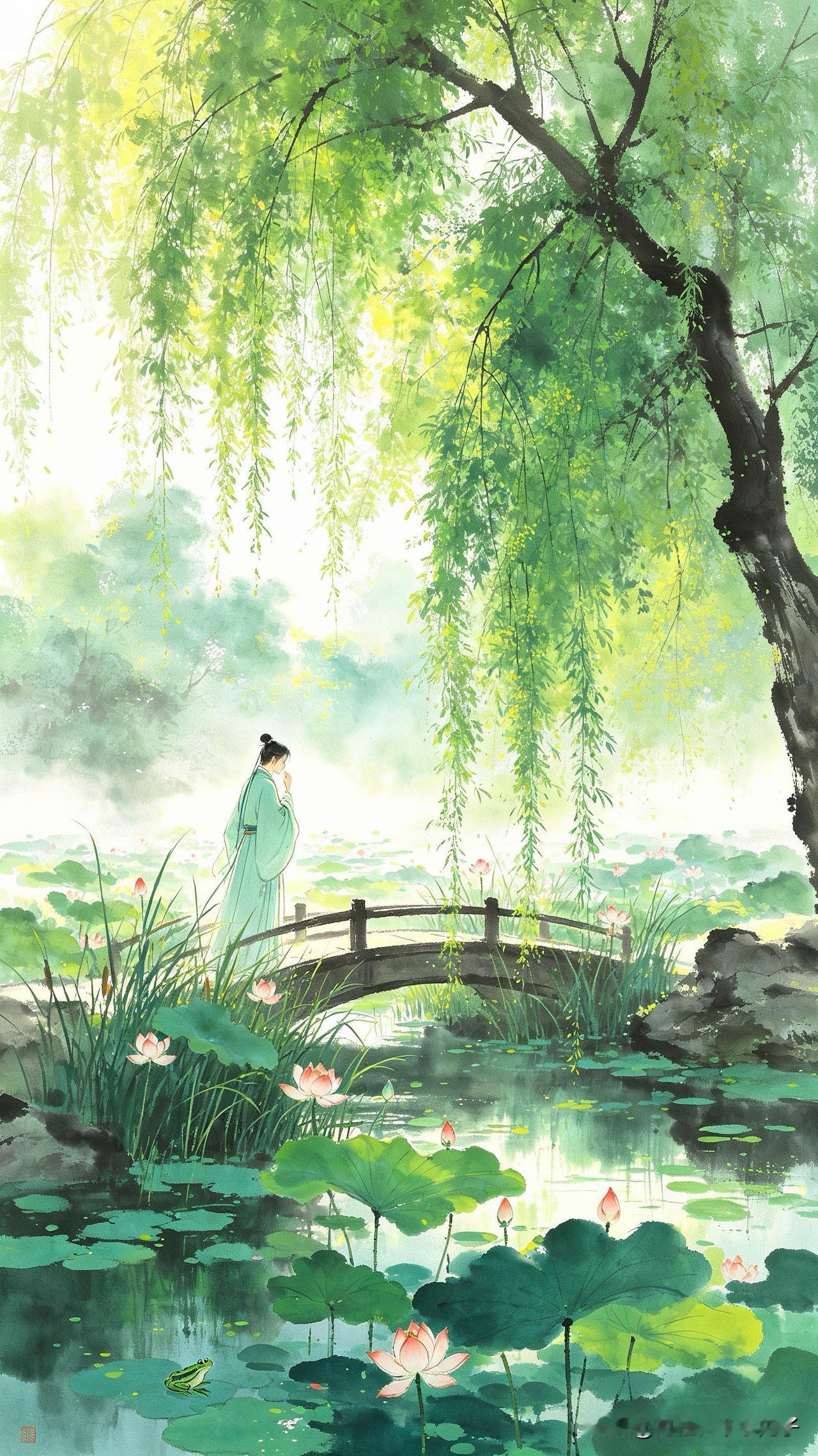 夏浅垂丝绿渐浓，
池荷未展小桥东。
忽闻蛙鼓藏深苇，
       
…………请