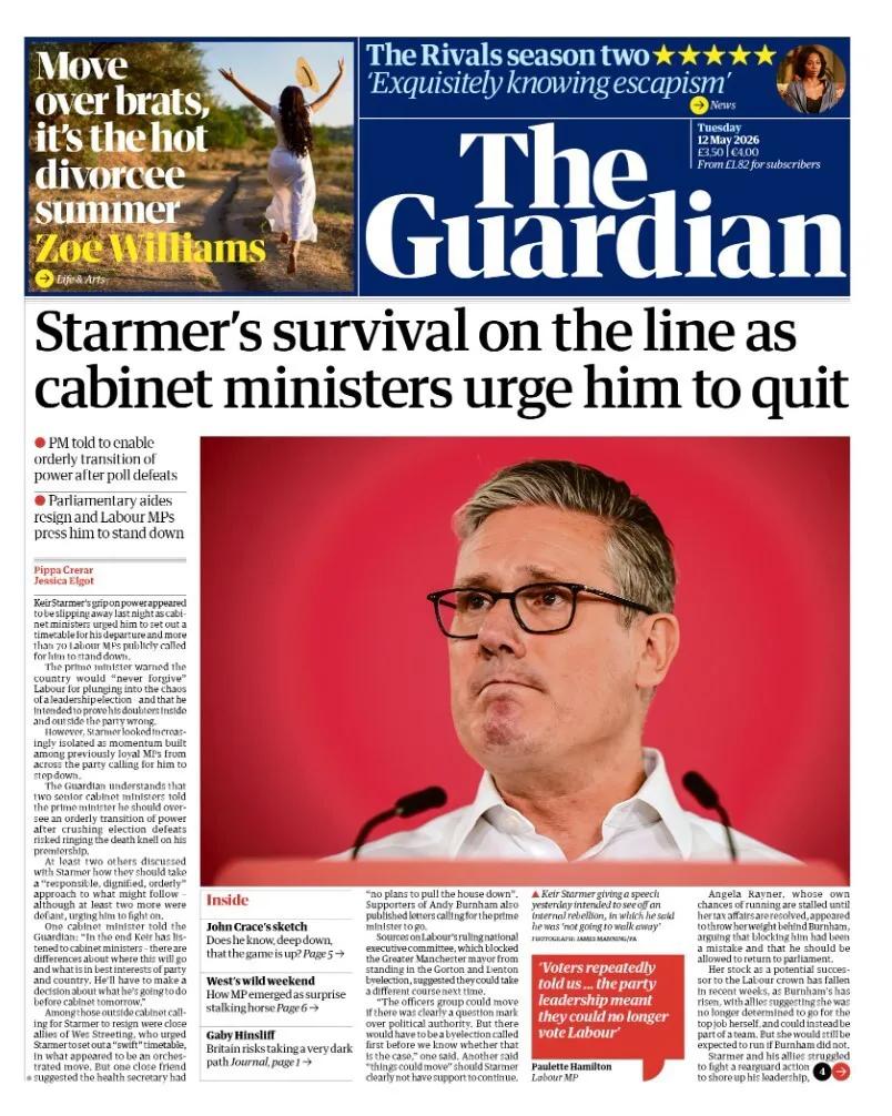 英国首相基尔·斯塔默爵士登上了《卫报》头版，该报称首相对权力的掌控似乎正在“逐渐