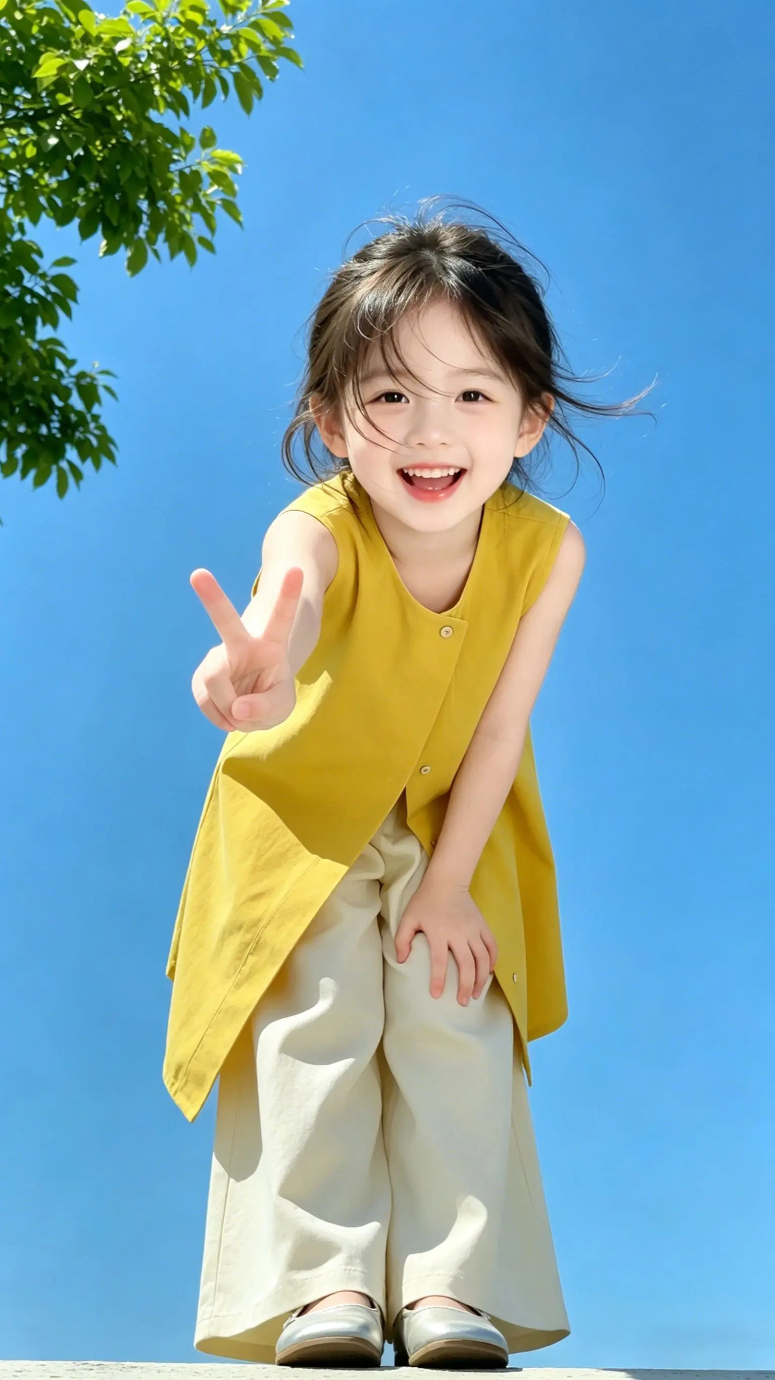 女童夏日松弛感穿搭！姜黄无袖衫太显。夏天给女儿安排这套姜黄无袖套装也太...