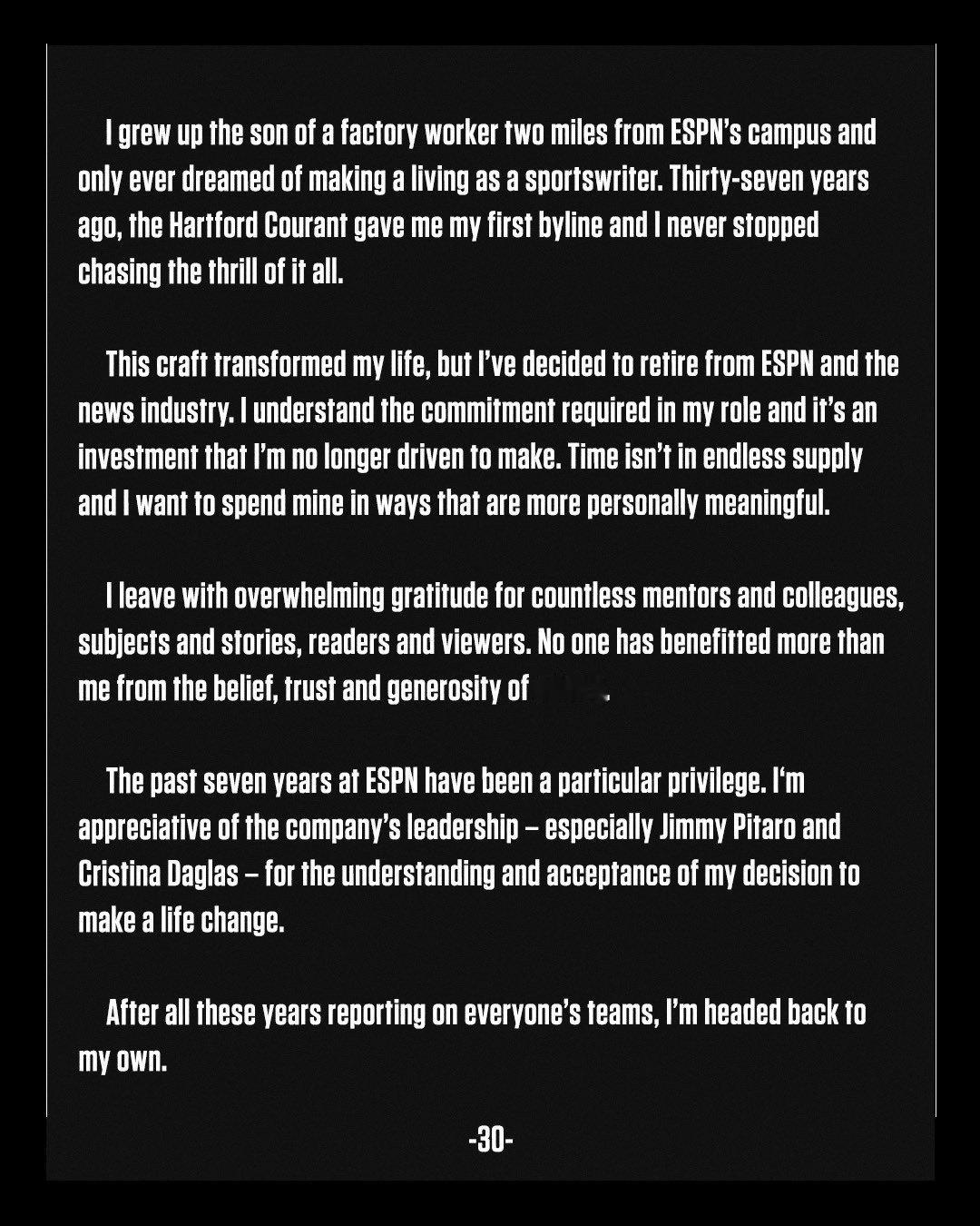 可能是最后一个woj bomb了，沃神宣布退休，离开nba报道行业，end of