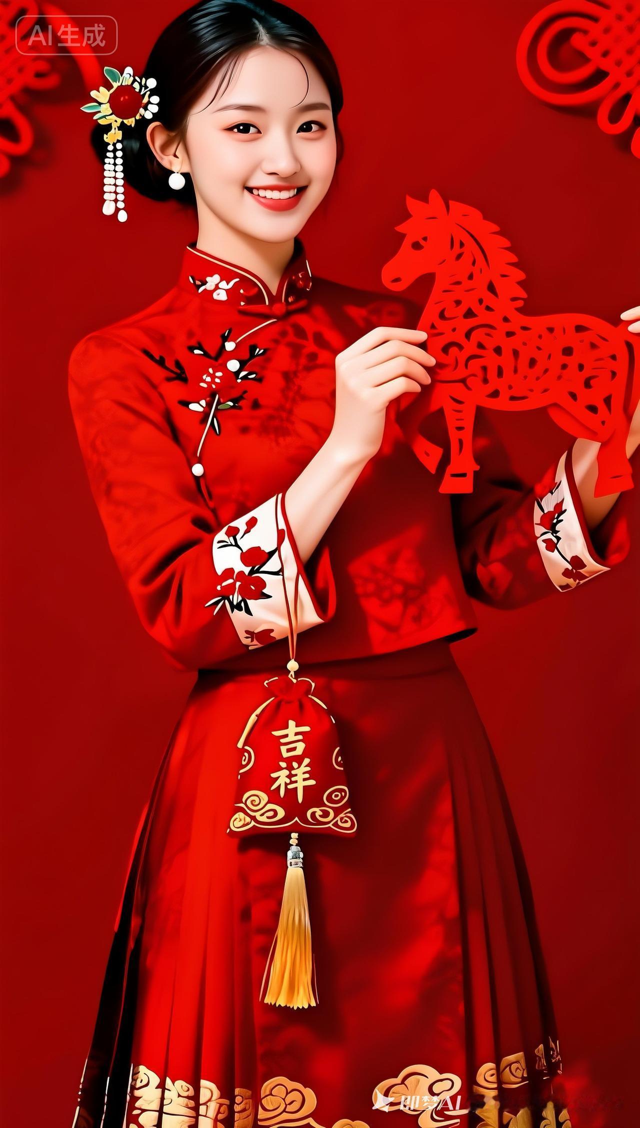 红衣少女手持剪纸，喜庆吉祥，新年快乐！🎉💕