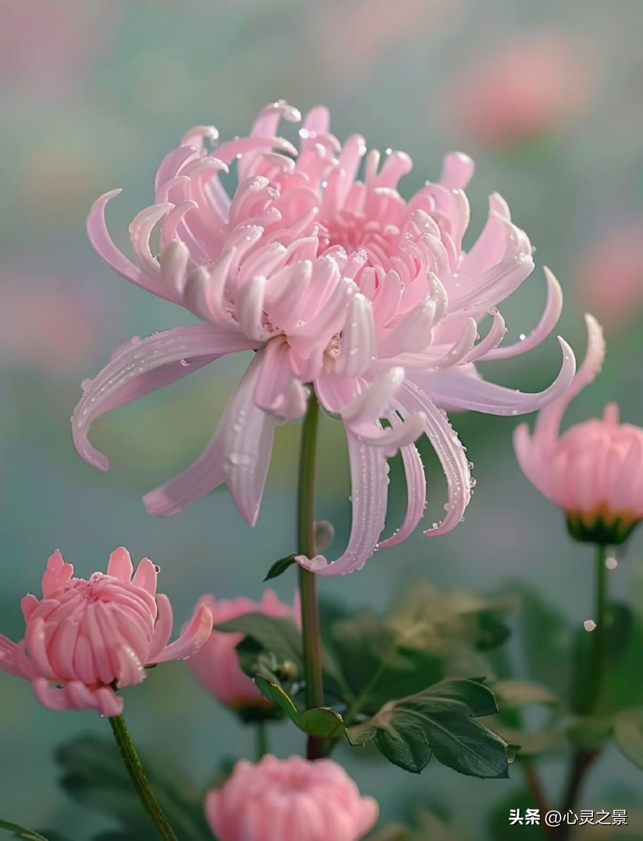 柔粉色丝菊缀满剔透水珠，卷曲花瓣轻柔舒展，花苞静静相伴，自带温柔又坚韧的力量。春