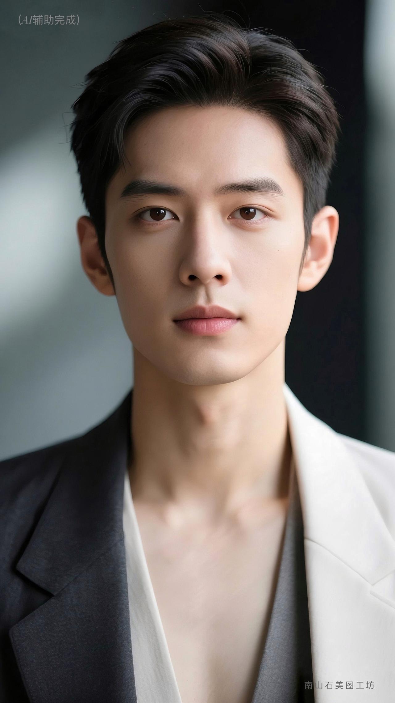 乌发利落梳，西装挺括裹身，内搭素净衬气场。眉骨英挺，眼神沉稳如炬，直视间阳刚漫溢