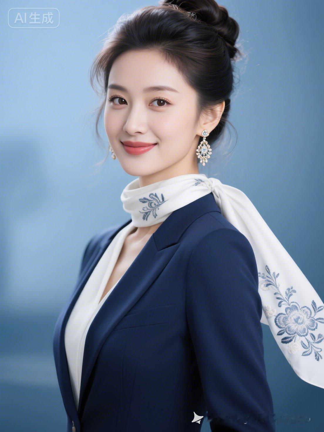 绝色职场佳人，利落高盘发略带慵懒质感。身着藏青色正装套装，白绣花丝巾轻盈飘逸，轻