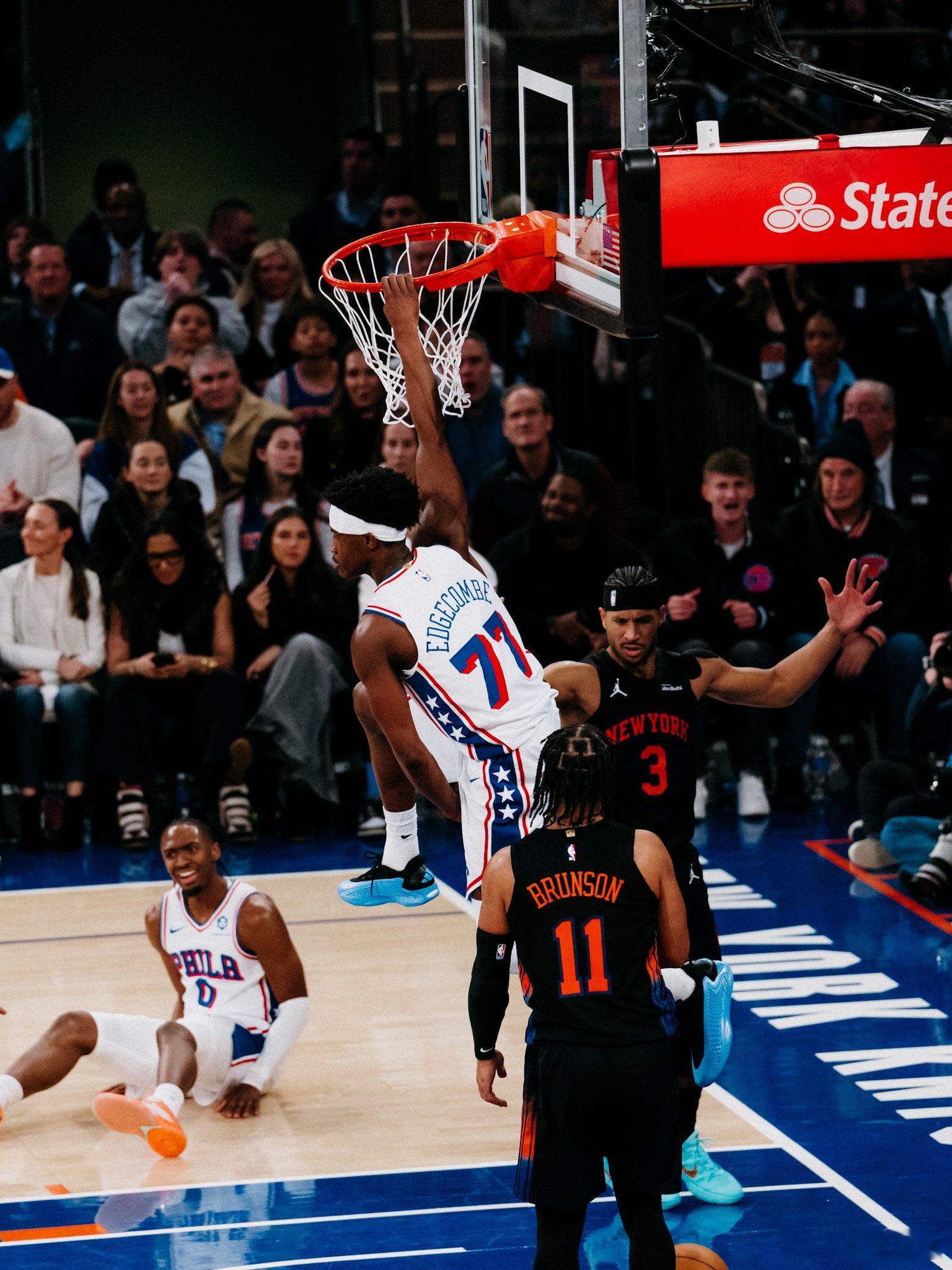 前段时间撞上新秀墙的探花秀vj埃奇库姆，最近迎来回暖。而在今天76人对阵尼克斯的