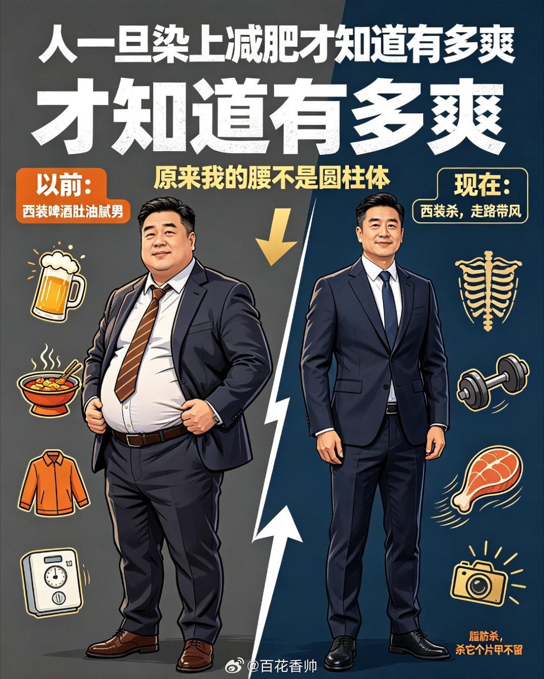 人一旦染上减肥才知道有多爽曾经胖的时候“西装啤酒肚油腻男”选手，衣服需要定制，一