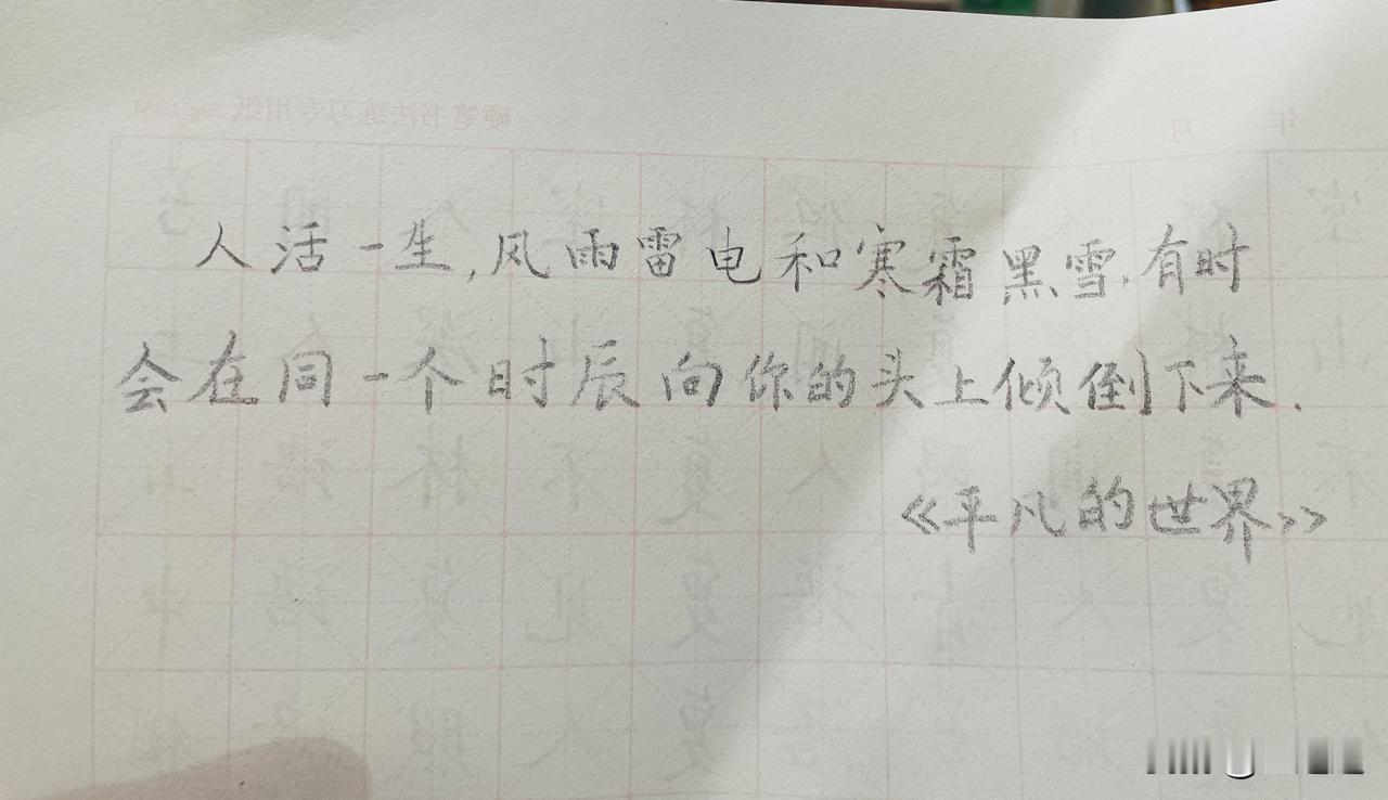 65岁，摘抄《平凡的世界》第3天。

“人活一生，风雨雷电和寒霜黑雪，有时候会在