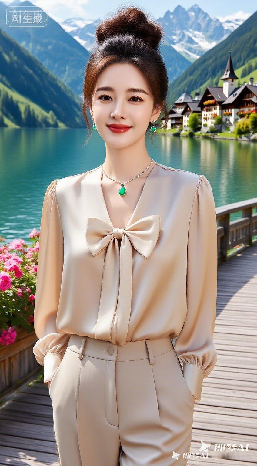 绝色佳人黑棕高盘发，肤白立体五官，浅笑回眸。身着米金雪纺衫与米色长裤，配翡翠首饰