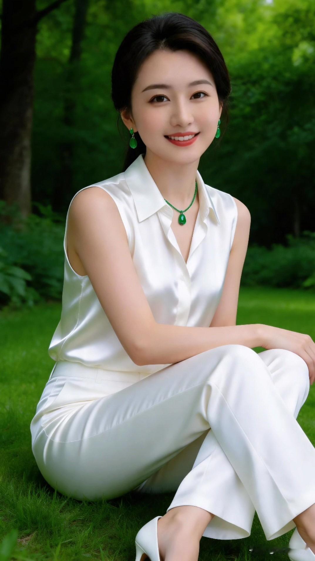 今天一身米白无袖缎面套装，自带温柔又利落的质感，搭配小白鞋，清爽又自在。一抹翠绿