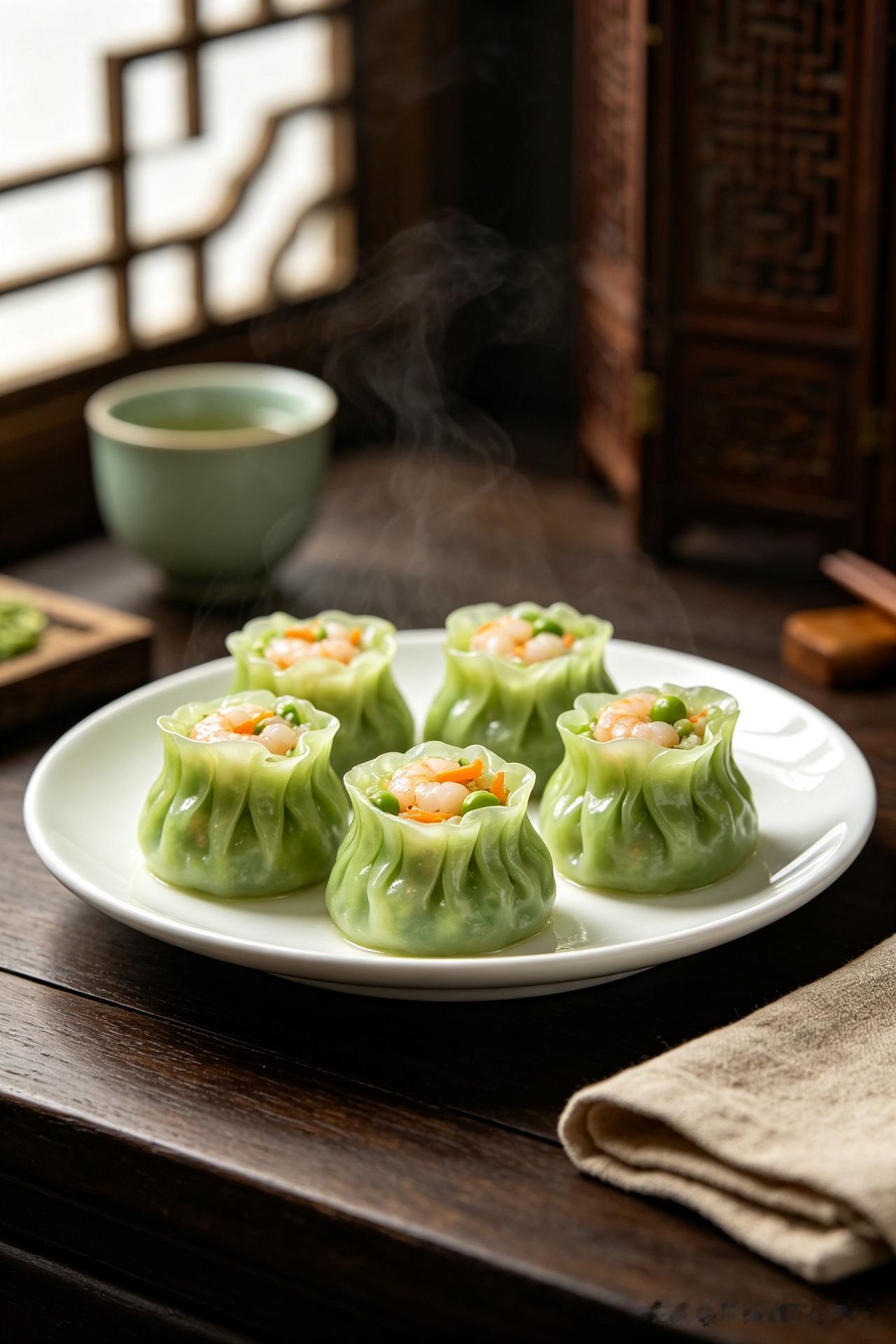 青菜汁染翡翠皮，
火腿茸拌糖油滋。
甜咸交融淮扬味，
      
…………请师
