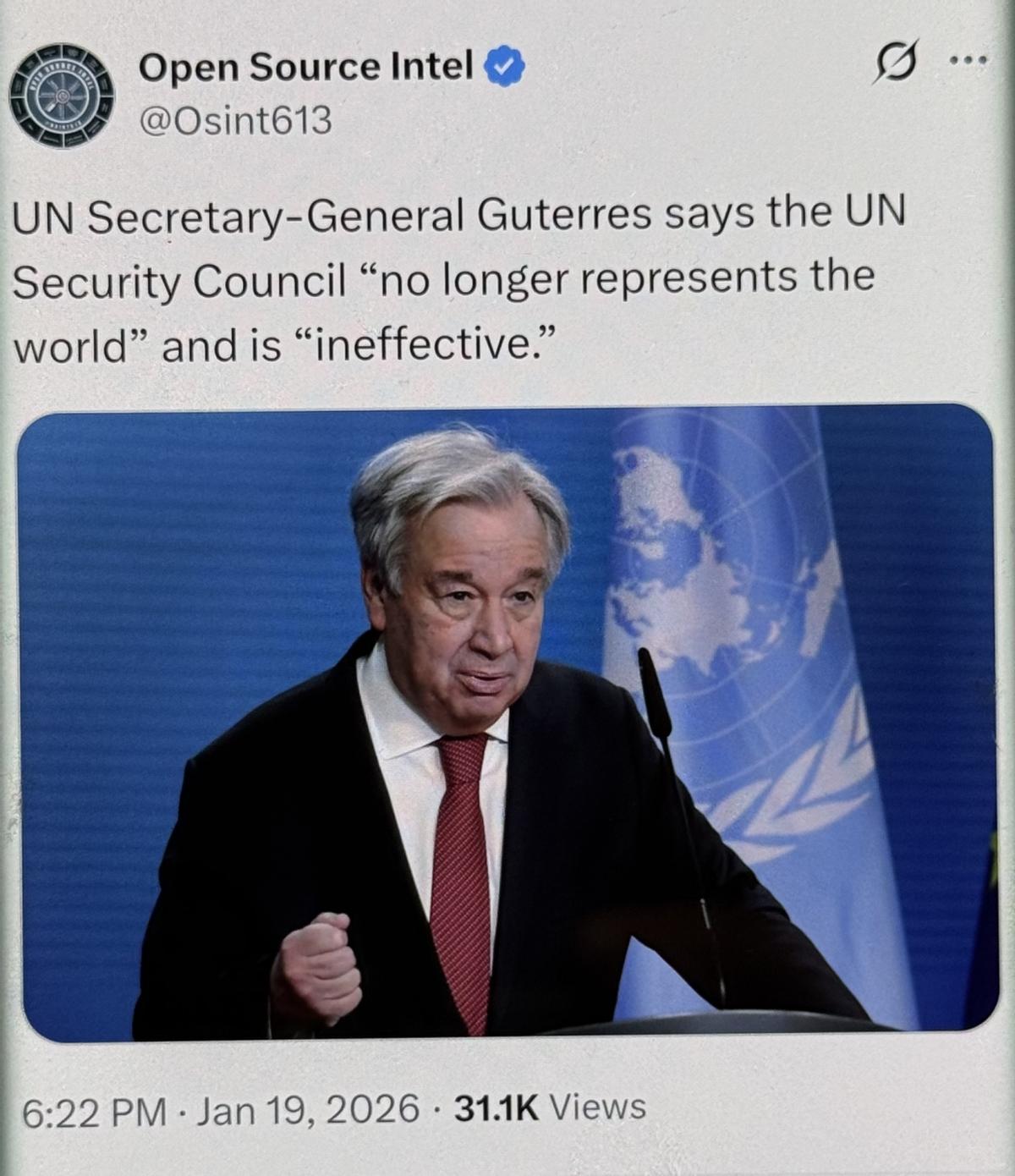 联合国秘书长古特雷斯直言，“安理会已不再代表世界，并且是无效的”，这可不是一句轻