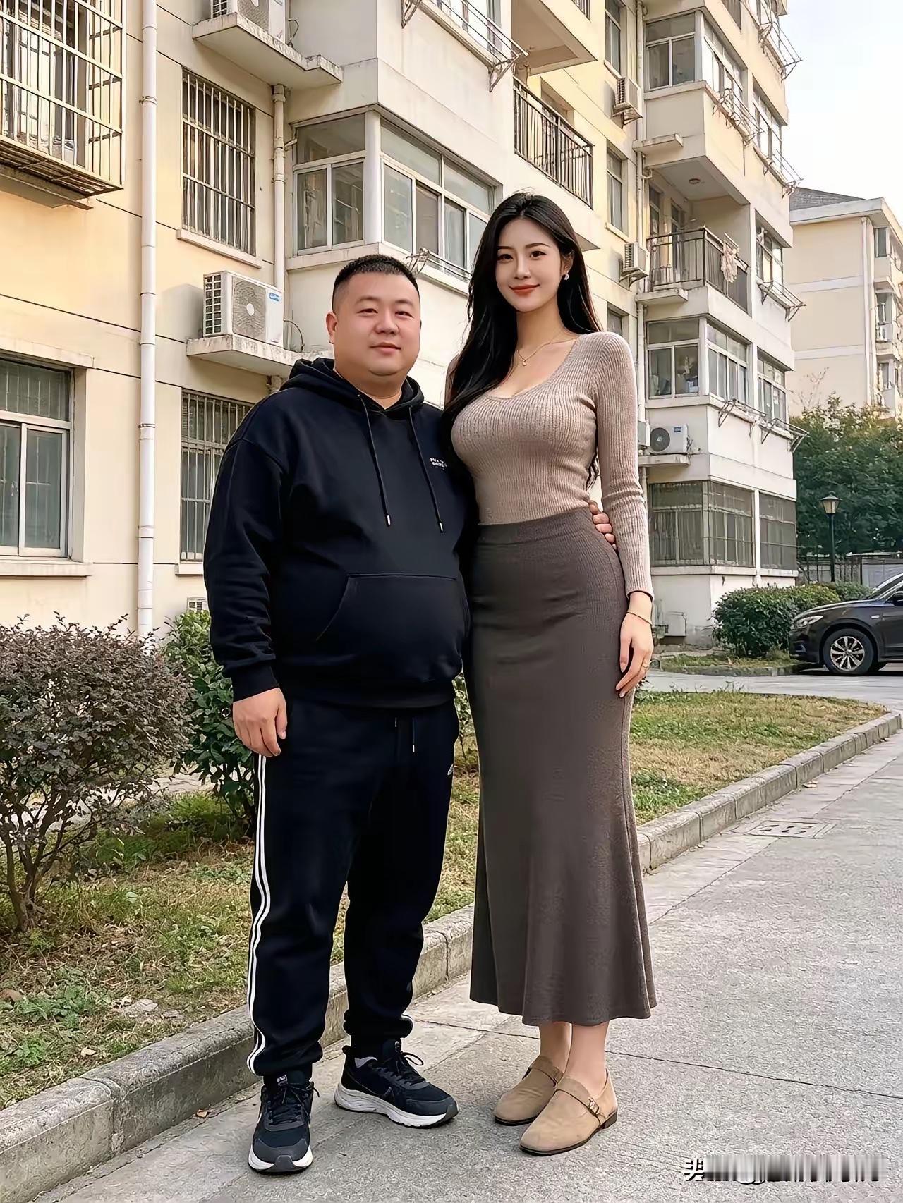 网络上看到这张图片，美丽动人的女人，男人搂臀难及腰，真是郎财女貌，天生一对！[赞