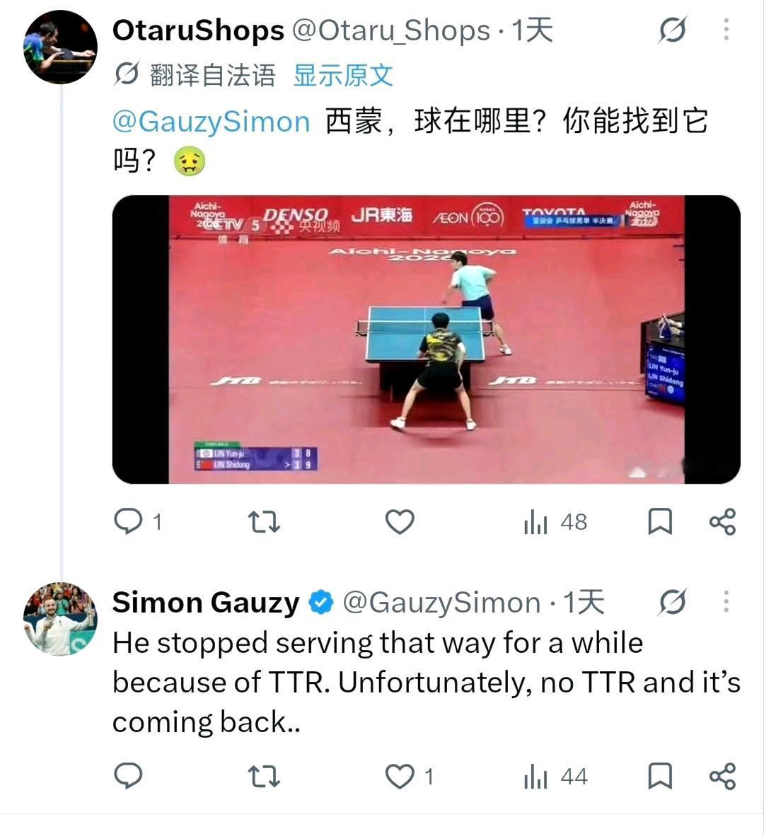 西蒙·高茨对此发球犀利点评……“没启动TTR，这种球又回来了” ​​​[捂脸]