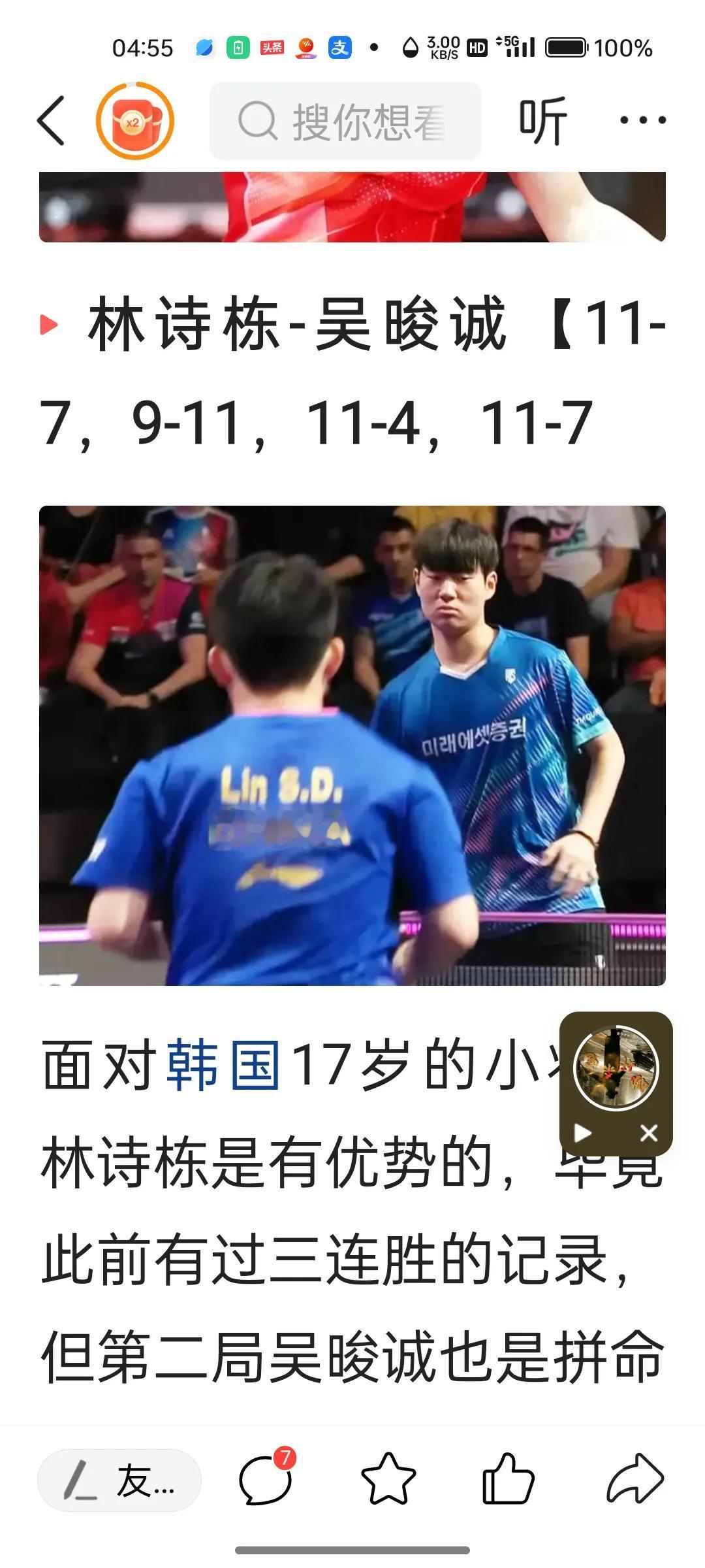林诗栋3:1击败韩国小将吴晙诚，挺进法国冠军赛男单8強，可喜可贺！[庆祝][庆祝