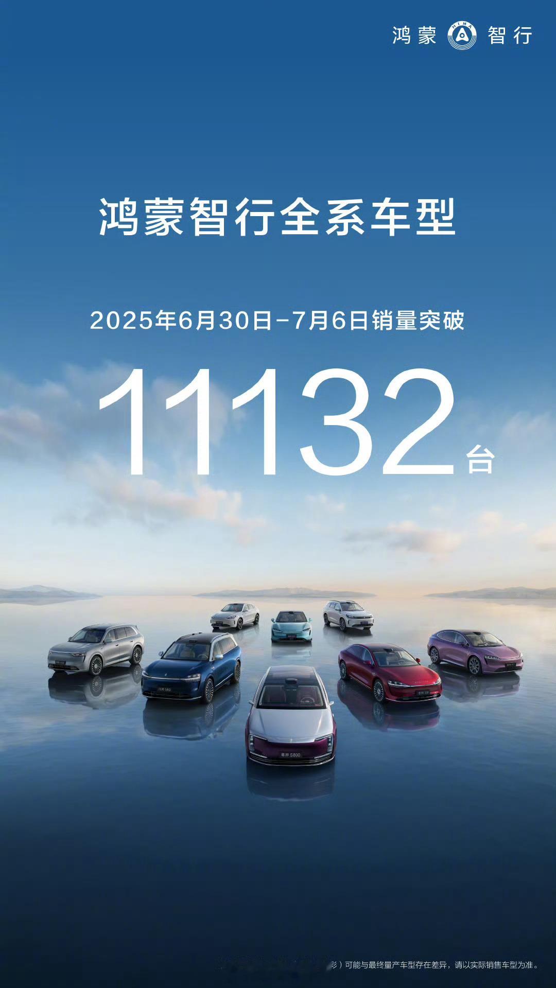 6 月 30 日到 7 月 6 日，鸿蒙智行销量为 11132 辆。新能源汽车3