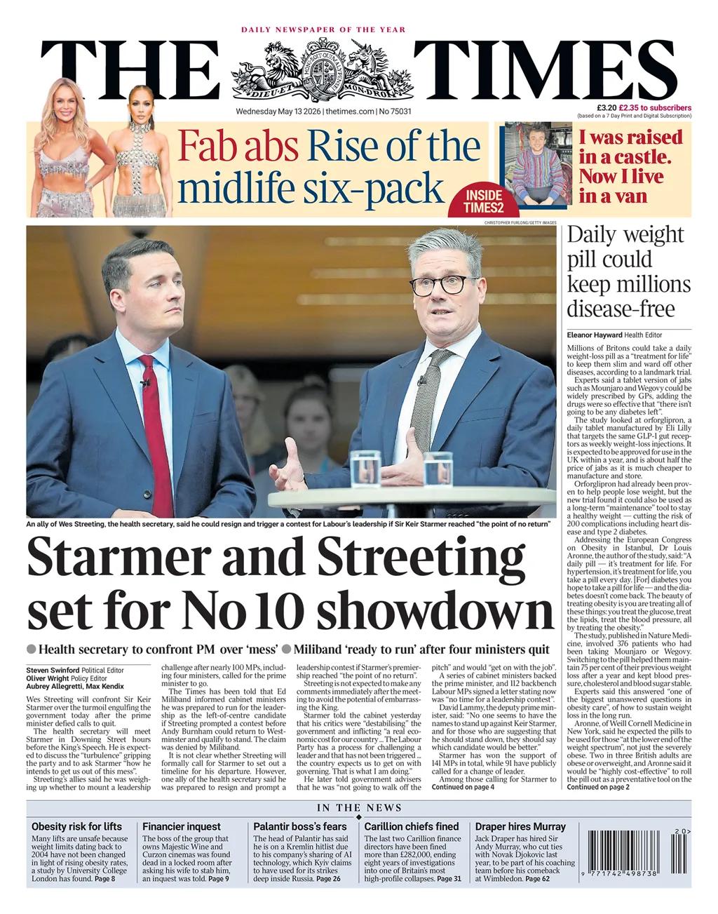 英国卫生大臣周三早晨与陷入困境的上司英国首相斯塔默“对峙”，成为《泰晤士报》的头