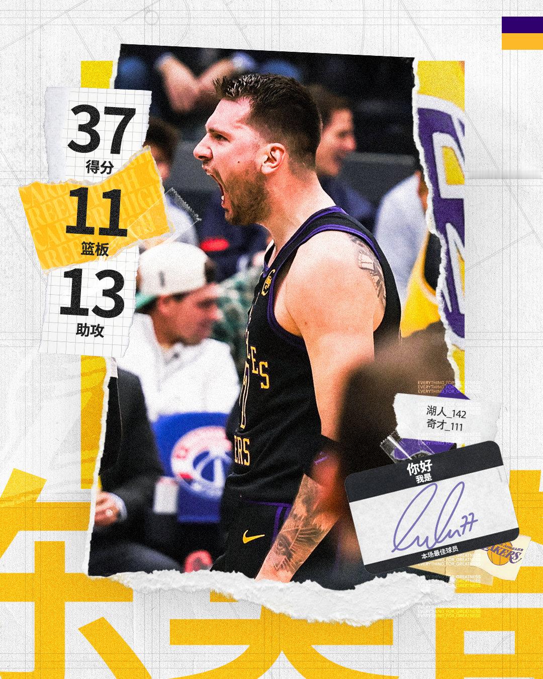 「全场MVP🥇」纪录又双叒叕➕1️⃣：东契奇湖人队史最快三双！仅用时19分钟湖