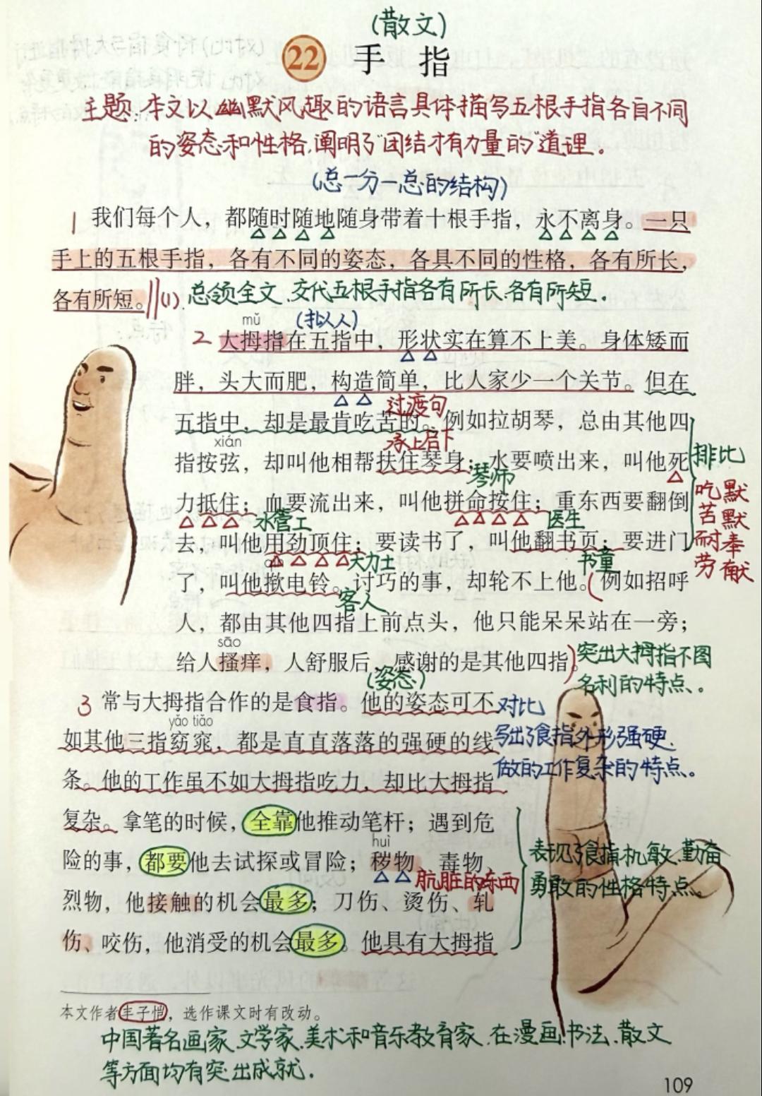 五年级下册语文，第八单元第22课《手指》课堂学习笔记，收藏复习巩固知识