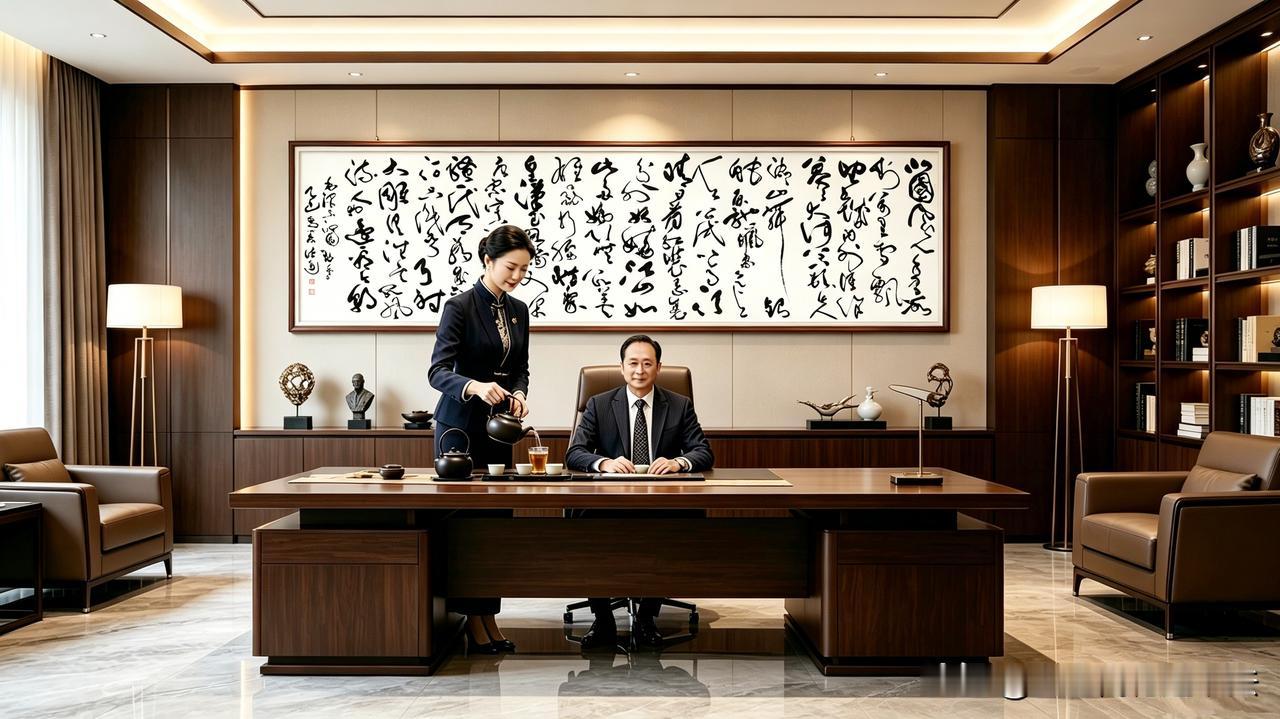 办公室里，服务员正在给老板倒茶。
